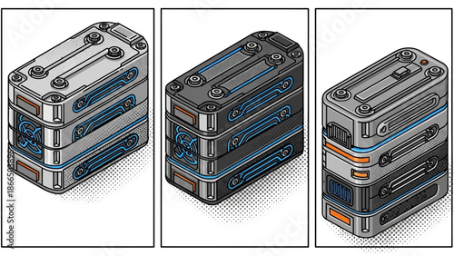 Futuristic isometric sci-fi server blocks in grid design with tech details