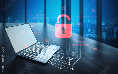 Digital security concept illustrating a cybersecurity breach, with a red unlocked padlock indicating data exposure among secure systems, emphasizing system vulnerability and risk Vouch © InfiniteFlow