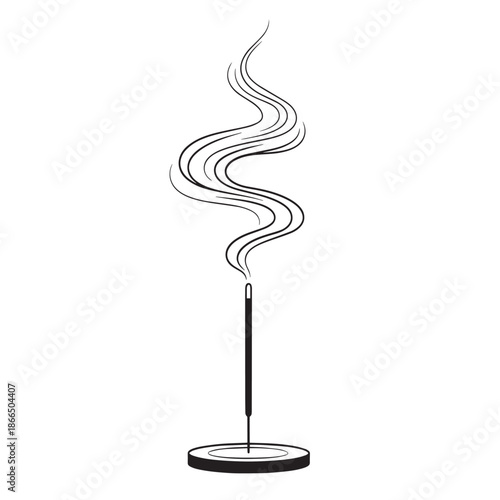 Minimalist incense stick with curling smoke rising from a black holder.