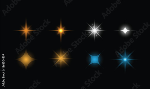 Glowing starburst light effects on a black background with gold, white, and blue flares showing sharp rays, soft halos and a cosmic elegant glow. sparkles concept.