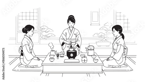 Trio of people sharing a traditional tea ceremony indoors.