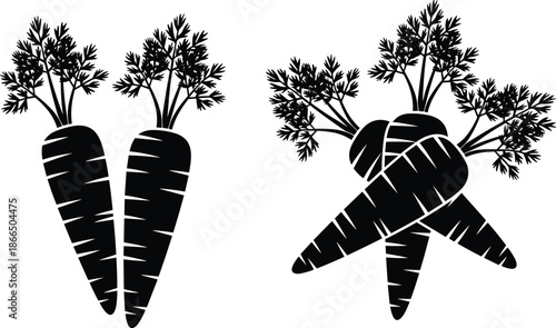 Carrot vegetable silhouettes set with leafy tops, organic root vegetables illustration, black and white healthy food vector design isolated
