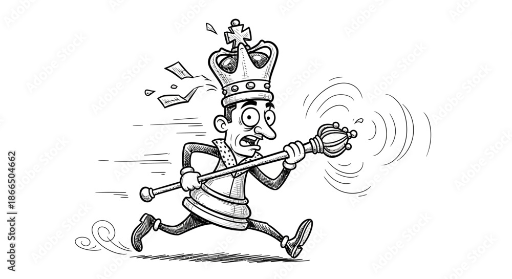 Obraz premium Man Wearing Crown Running with Sceptre.