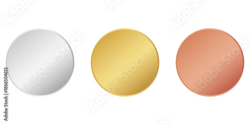 Award golden, silver and bronze blank medals 3d vector realistic illustration. First, second and third place medals or buttons isolated on white background. Quality blank, empty badge, emblem set.