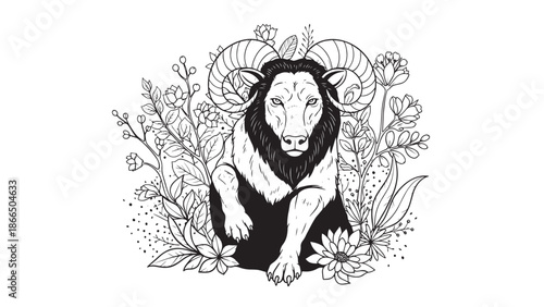 Illustrated panda resting among intricate botanical flowers and leaves in a graceful lineart composition.