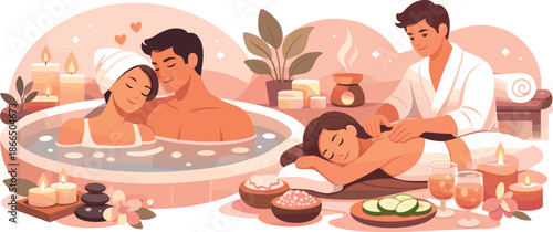 Spa Date Vibes. Clean modern illustration conveying spa date vibes through relaxation, wellness, and gentle romantic connection,