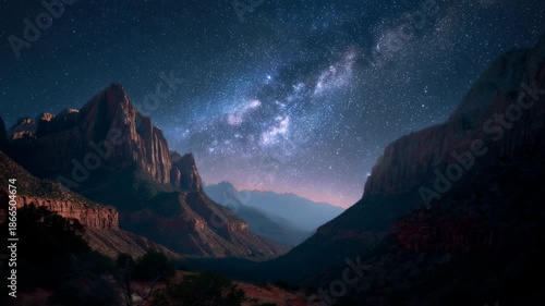 4K Milky way galaxy shines brightly over majestic mountains in a dark valley at night, breathtaking celestial landscape video
