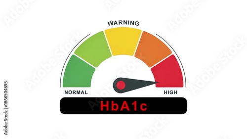 Animation of HbA1c (Hemoglobin A1c) Level Indicator Gauge Showing Normal, Warning, and High Results Ranges 