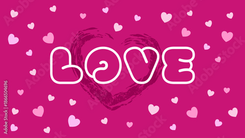 Love word lettering with hearts on pink background. Vector illustration