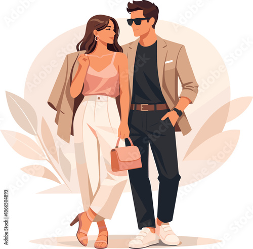 Contemporary Couple Fashion. Clean modern illustration conveying couple fashion vibes through style unity, confidence, and