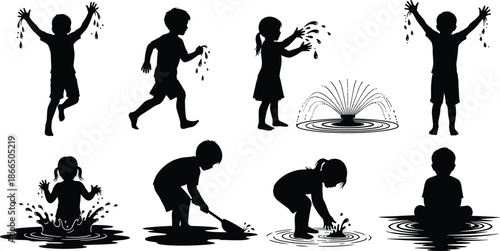 Children playing with water silhouettes set showing splashing, jumping, and joyful outdoor activities in black and white vector illustration