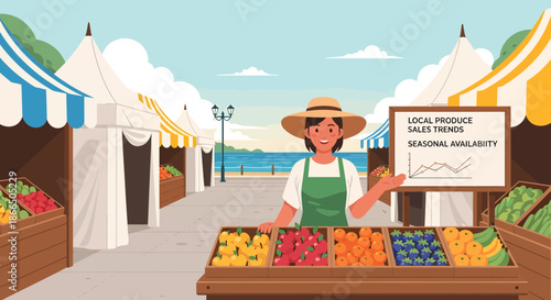 Farmer Selling Local Produce at Outdoor Market with Sales Chart.