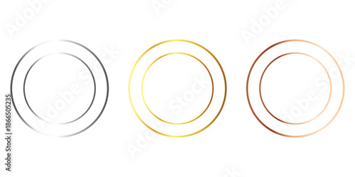 Gold, silver and bronze metal circle frames 3d vector realistic illustration. First, second and third place medals or buttons isolated on white background. Certified. Quality blank, empty badge set.