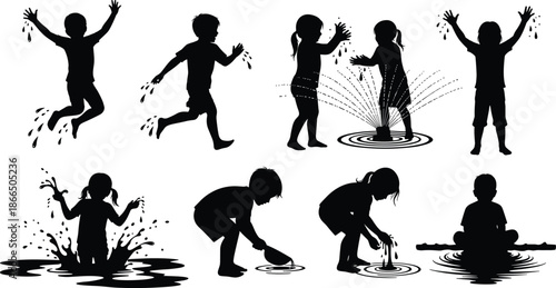 Children playing with water silhouettes set showing splashing, jumping, joyful outdoor summer activities in black and white vector illustration