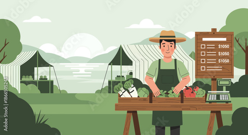 Farmer Selling Fresh Produce at Outdoor Market with Tents.
