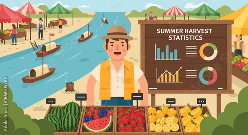 Farmer Selling Summer Harvest Statistics at a Riverside Market.