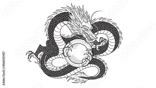 Intricate Circular Dragon Illustration: Mythical Serpentine Creature in Black and White.