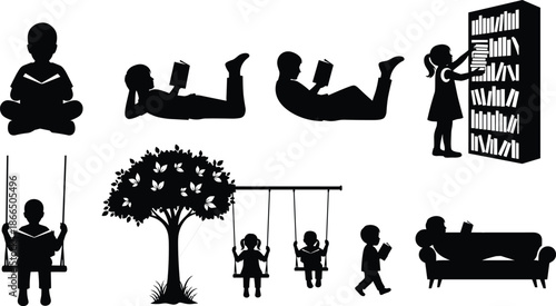 Children reading book silhouettes set, kids learning activities at home and outdoors, education concept, black vector illustration isolated