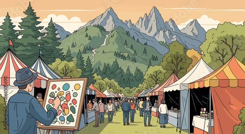 Vibrant outdoor art fair with tents people and mountain backdrop.