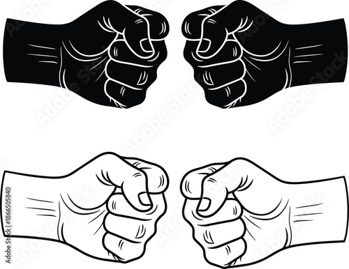 Clenched fist hand silhouettes set representing strength, power, protest, solidarity, determination, and human gesture symbolism in bold black and white vector illustration