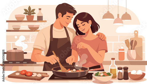 Kitchen Romance Illustration. Clean modern illustration conveying kitchen romance vibes through shared cooking, intimacy, and