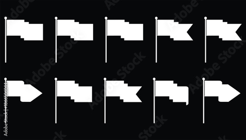 Flag Icons Collection White Silhouette Pennant Flags on Poles Minimal Vector Set