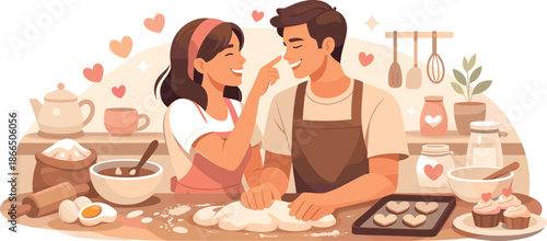 Baking Love Vibes. Clean modern illustration conveying baking love vibes through shared kitchen activities, romantic connection,