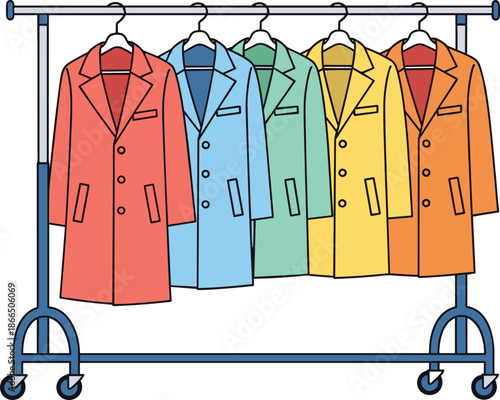 Colorful coats on clothing rack illustration, fashion retail outerwear collection display, modern wardrobe organization concept, flat vector design