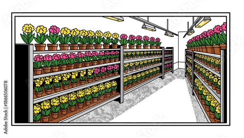 Pop art flower shop interior with colorful plants and modern lighting