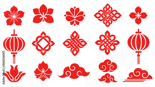 Set of Traditional Chinese Red Paper Cutout Symbols and Decorations