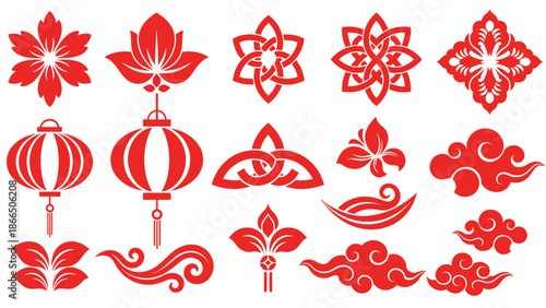 Traditional Chinese Paper Cuttings and Lanterns in Red