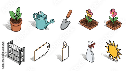 Vibrant garden tools and accessories in isometric style