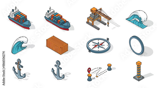 Maritime shipping icons with isometric design featuring ships, waves, and navigation elements