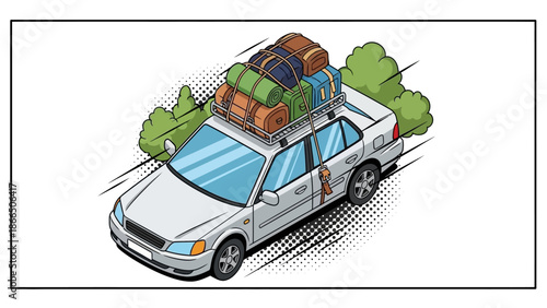 Retro comic style car with luggage on roof for road trip adventure