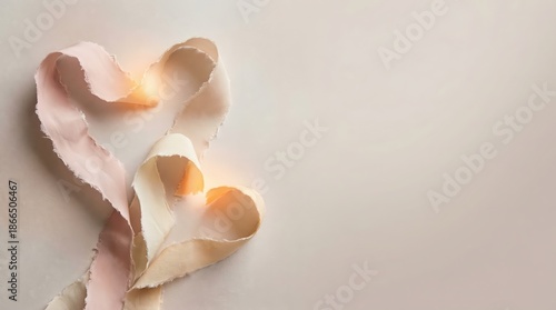 Soft peach and pink heart shaped paper cutouts with warm glowing light