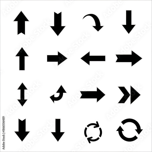 Collection of black arrow icons featuring various directions and styles for web navigation UI design and digital infographics isolated on white