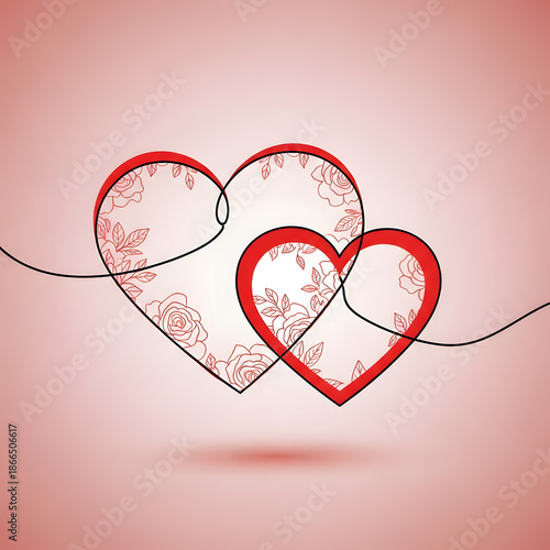 A romantic pink and red Valentine Day greeting card vector illustration featuring heart shapes and paper art ornaments for a holiday love celebration design