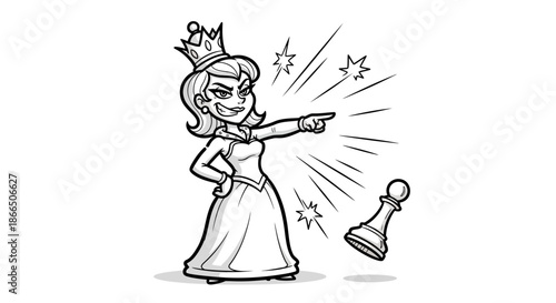 Woman Wearing Crown Pointing at Chess Piece.