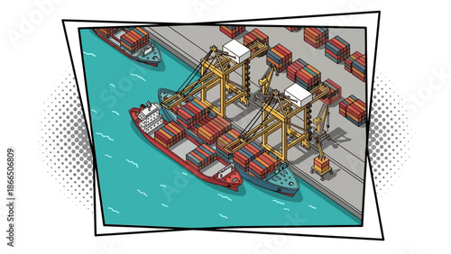Isometric port scene with cargo ships and cranes in vibrant comic style