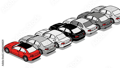 Isometric pattern of cars in monochrome with standout red vehicle