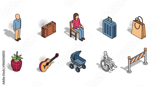 Isometric icons: travel, shopping, and daily life essentials in flat design