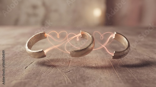 Broken wedding rings with glowing heart shaped sparks