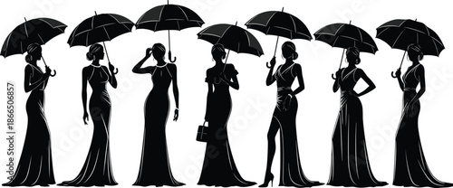 Elegant women silhouettes holding umbrellas in evening gowns representing fashion, glamour, rainy weather style, and luxury event concept black and white illustration