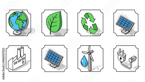 Eco-friendly icon set featuring renewable energy and sustainability symbols