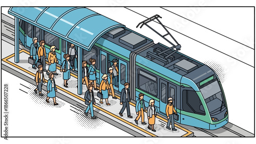 Isometric urban scene with commuter tram and diverse crowd at city station