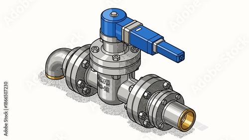 Isometric industrial metallic valve icon with blue handle on white background