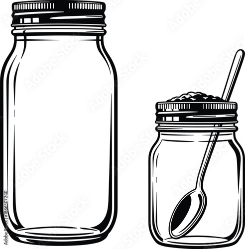 Glass mason jar silhouettes with lid and spoon illustrating kitchen storage containers for food preservation, pantry organization, and minimalist black and white vector design