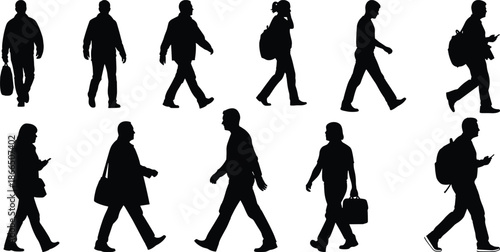 Black Silhouette Set of Diverse People Walking with Bags, Backpacks, and Phones in Urban Lifestyle Vector Style
