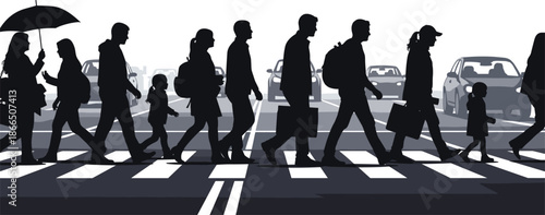 Black Silhouette Vector of Diverse People Crossing Urban Street on Pedestrian Crosswalk Representing City Life and Safety