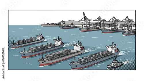 Busy port with cargo ships in retro comic style with halftone effects